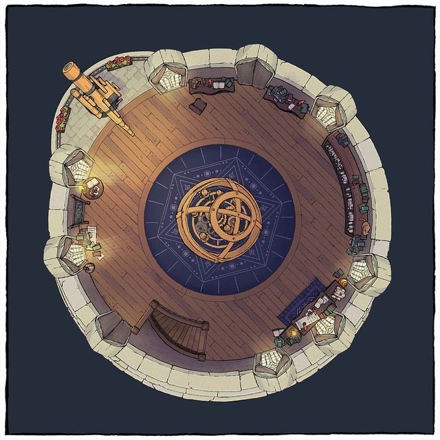 wizard tower map dnd, carte de JDR fantasy (640×640 pixels) — battlemap pour Roll20 et Foundry VTT.