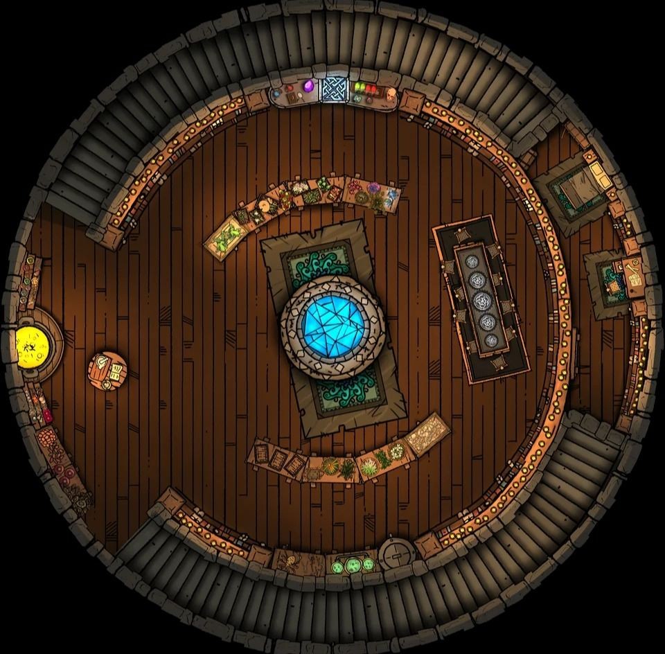 wizard tower map dnd, carte de JDR fantasy (960×944 pixels) — battlemap pour Roll20 et Foundry VTT.
