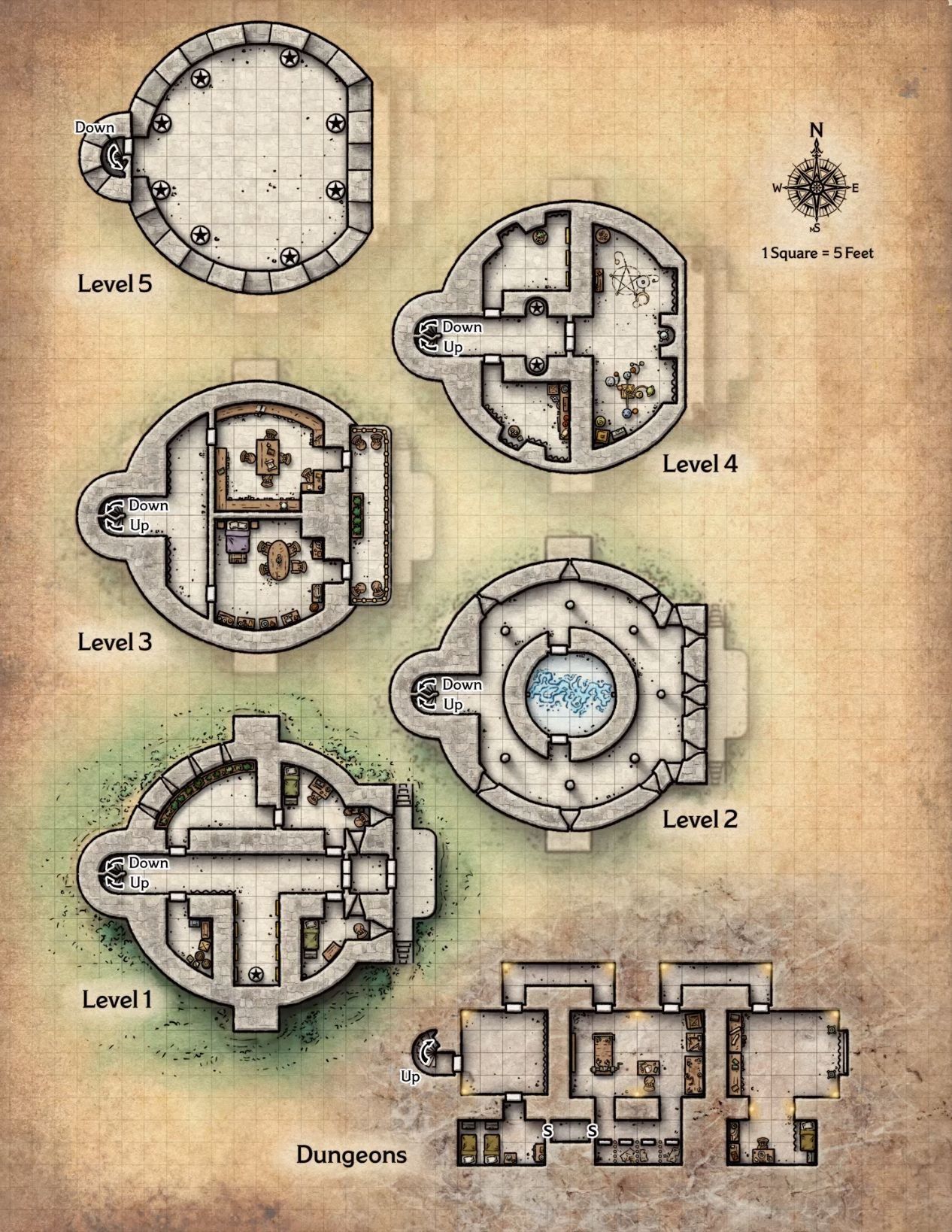 wizard tower map dnd, carte de JDR fantasy (1266×1638 pixels) — battlemap pour Roll20 et Foundry VTT.