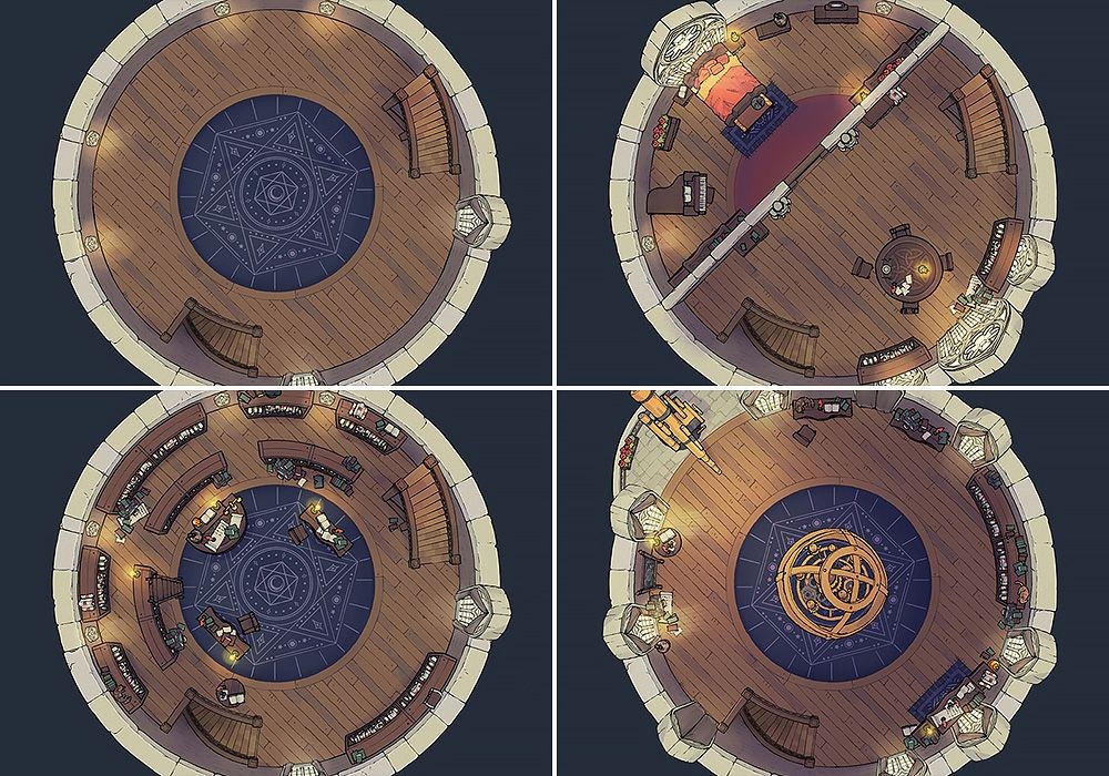 wizard tower map dnd, carte de JDR fantasy (1000×700 pixels) — battlemap pour Roll20 et Foundry VTT.