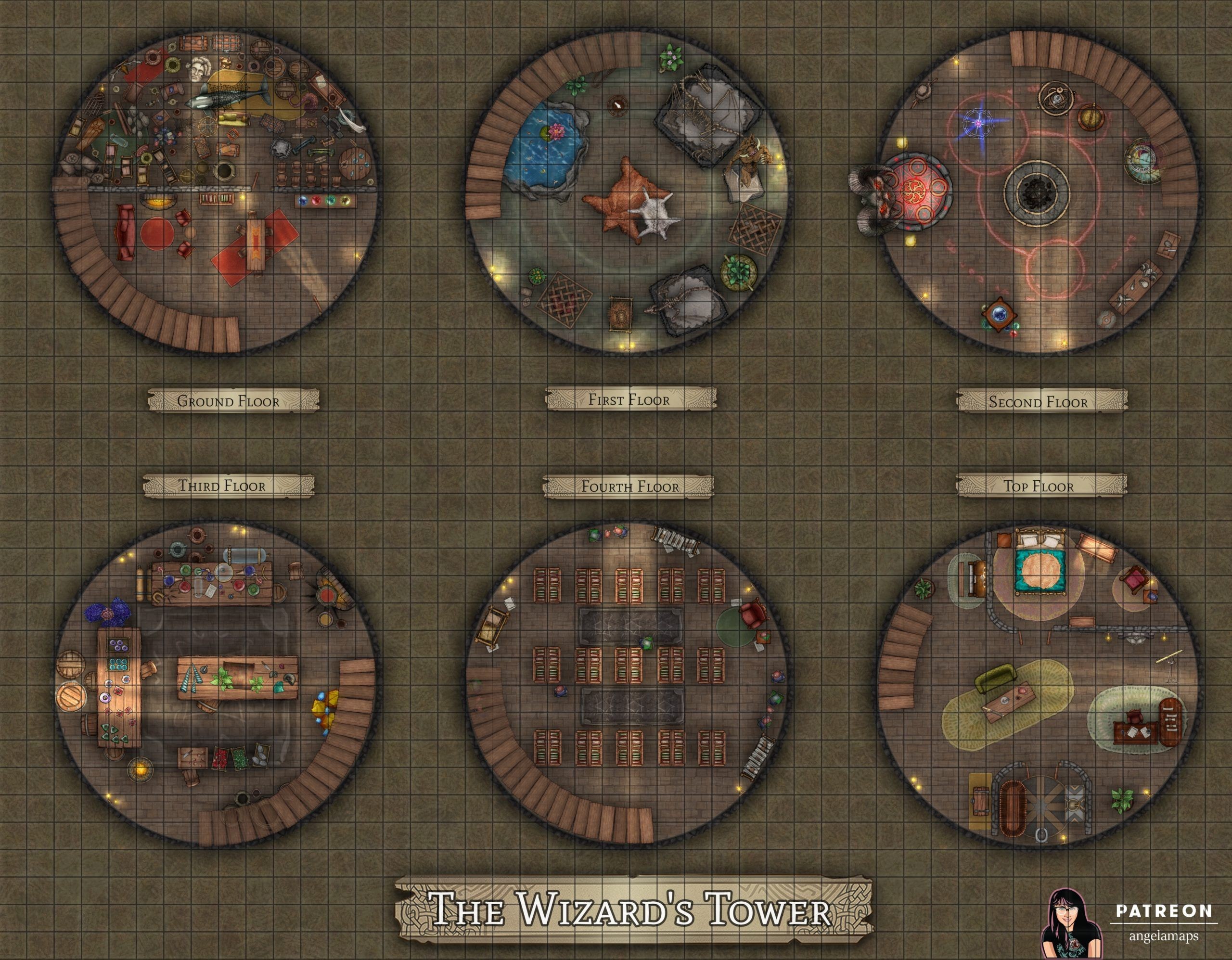 wizard tower map dnd, carte de JDR fantasy (2560×1995 pixels) — battlemap pour Roll20 et Foundry VTT.