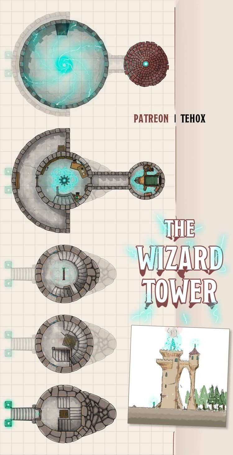 wizard tower map dnd, carte de JDR fantasy (750×1463 pixels) — battlemap pour Roll20 et Foundry VTT.